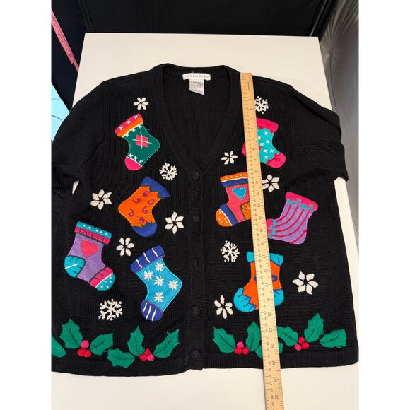Vintage Victoria Jones Christmas Sweater Size M Black Embroidered Candy Canes - Picture 8 of 10